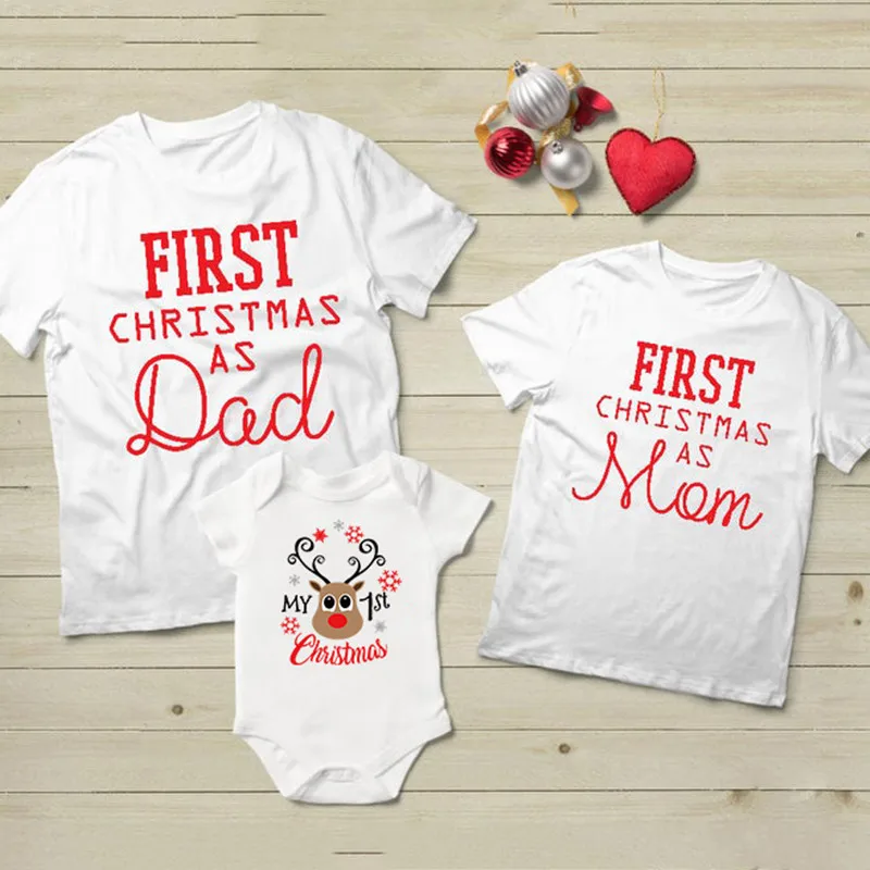 
Mommy Daddy and Baby Kids 1st Christmas Family Matching Clothes Outfit First Christmas Dad&mom Tshirt Baby Cotton Romper 