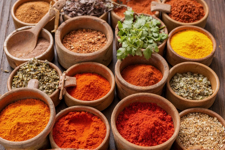 Close-up of various spice jars including chili powder, coriander, and garam masala arranged on wooden surface