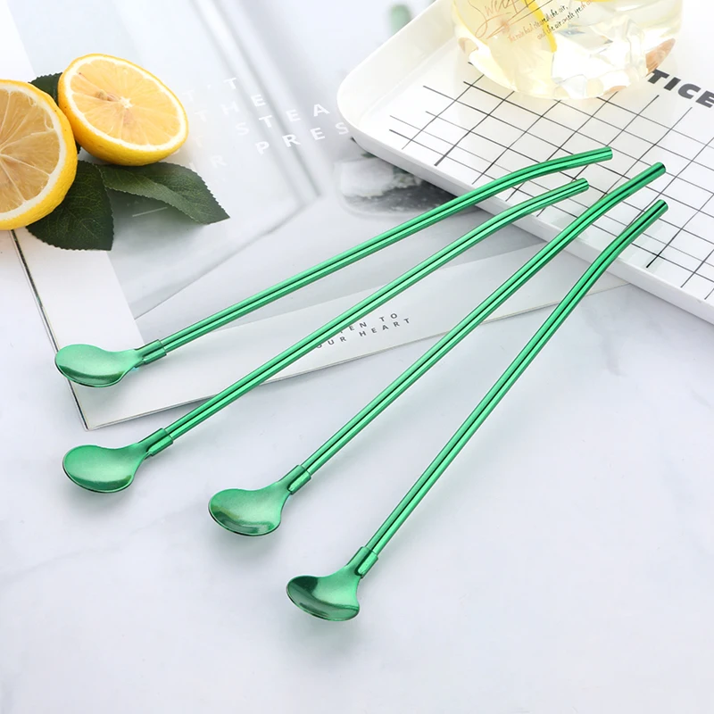 

Children Use Reusable Eco Popotes Kids Drinking Metal Straws with Mini Spoon, Silver/gold/rose gold/black/purple/blue/rainbow/pink/green