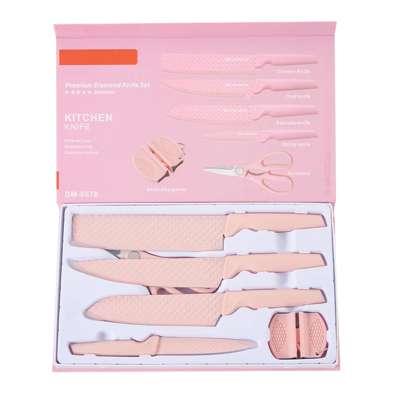 

New Design Diamond pattern 6 Piece Kitchen Knife With Gift Box Non-stick Stainless Steel Knives Set