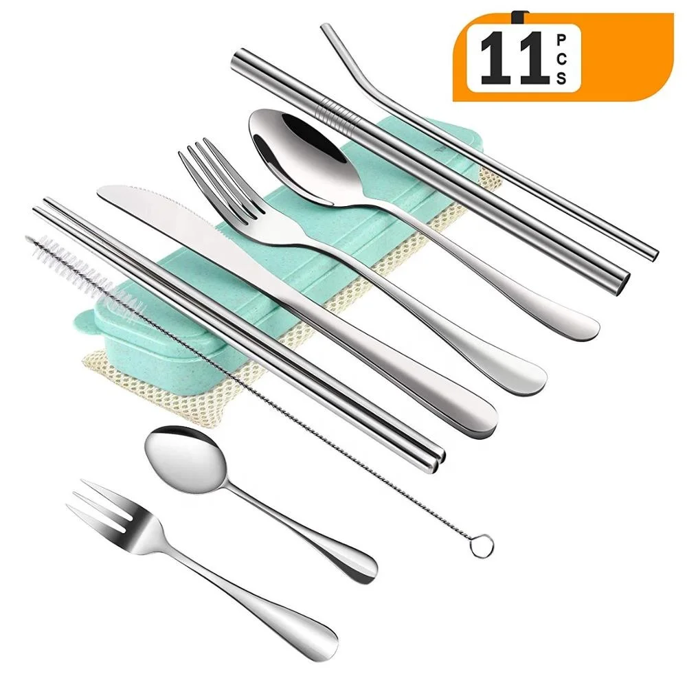 

11 Pieces Travel Utensils with Case and Carry Bag Reusable Stainless Steel Portable Flatware Camping Silverware Cutlery Set