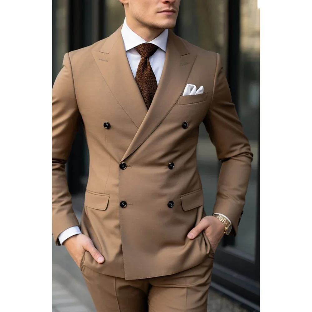 Formal Brown Men Suits Double Breasted Flat Front Regular Length Skinny Outfits Prom Party 2 Piece Jacket Pants Outfits Blazer