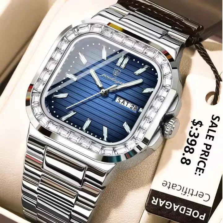 POEDAGAR Luxury Watch for Men Waterproof Luminous Date Week Man Wristwatch Stainless Steel Square Diamond Quartz Men's Watches
