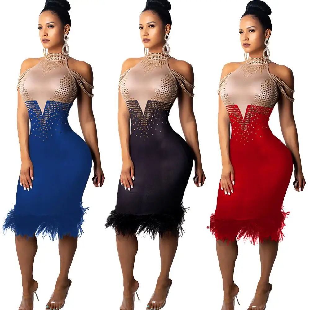 

New Design Rhinestone Crystal Feather Decoration Patchwork Color Bodycon Evening Party Wear Sexy Dress For Women, As photo showed