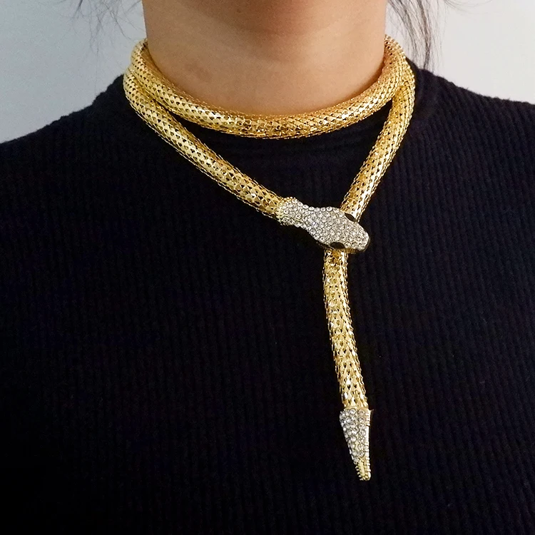 

chunky gold plated white diamond statement snake necklace