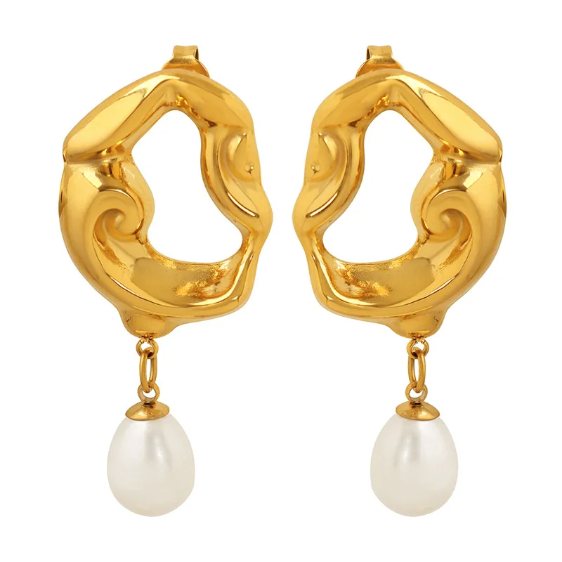 

Carline personality fashion trend 18k Gold Plated Women Hollow lava irregular long earrings Pearl Stainless Steel women jewelry