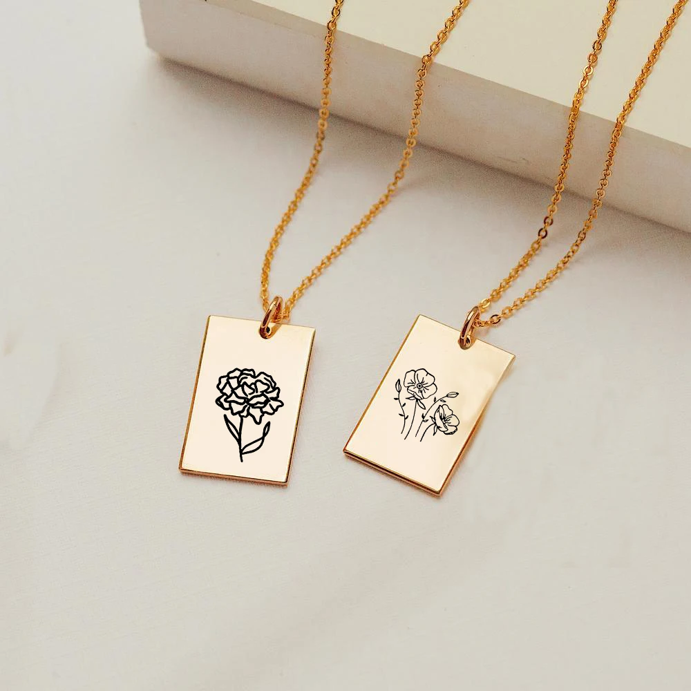 

Custom stainless steel necklace dainty gold plated 12 birth month flower rectangle pendant necklace personalized for women, Silver / gold / rose gold