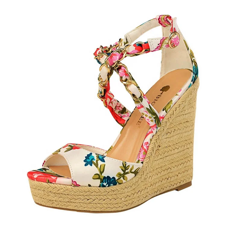 

Women's Jute-Rope Espadrille Wedges Platform Sandals Floral Printed Cross Strap Open Toe Platform Heel Summer Shoes, Customized color