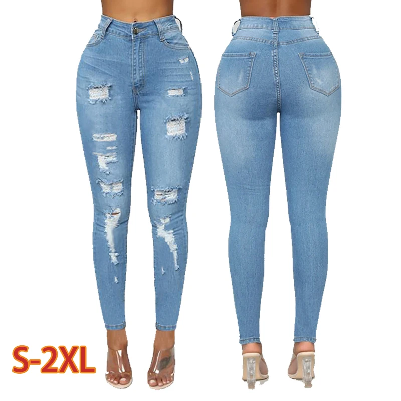 

2022 New Arrivals Women Denim Street Pants Sexy High Waist Blue Skinny Jeans Women 3XL Ripped Rip Jeans