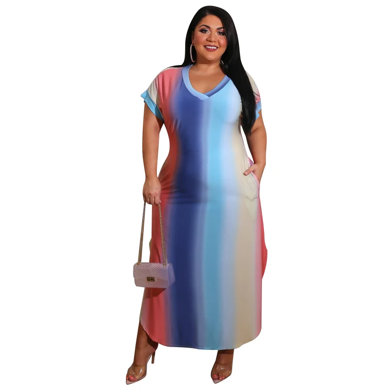 

Summer Long Fashion Elegant Plus Size Women Clothing Boho Casual Maxi Dress, Rainbow color