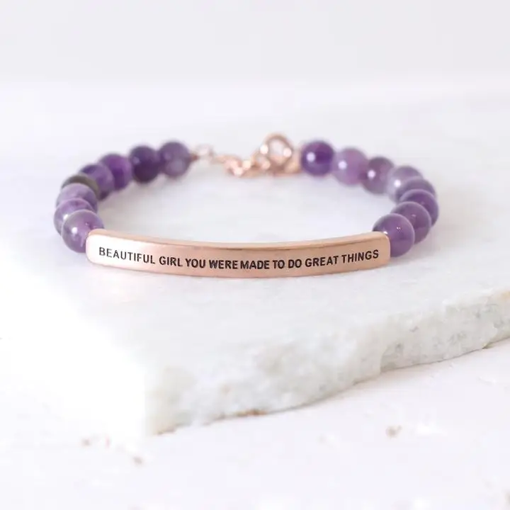 

Women Stainless Steel Purple Beads Inspirational Custom Name Personalized Curved Engrave Message Bracelet Women, Picture shows