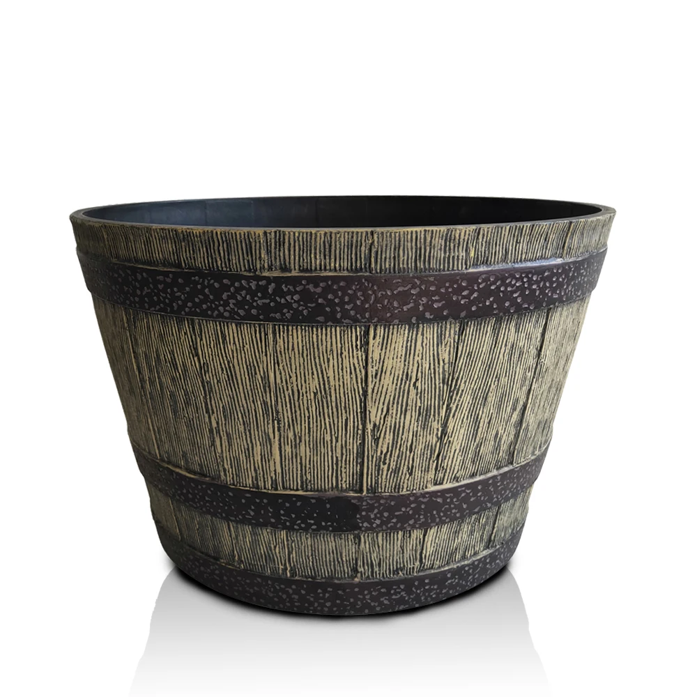 

Ronbo Sunrise Wholesale Durable Hot Selling Wine Barrel Looking Plastic Groot Wooden Texture Planter, As picture or customized color