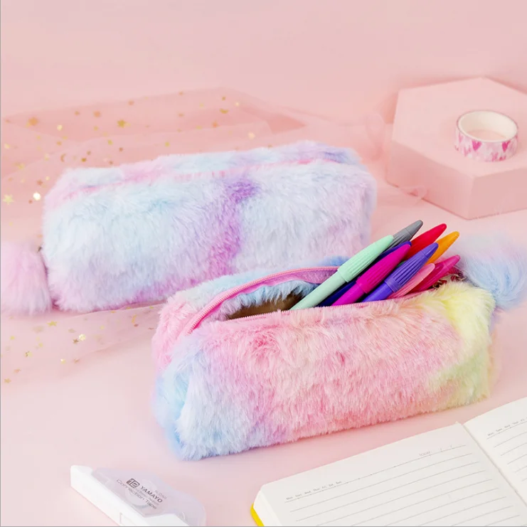 

Creative Girls Colorful Cute Fur Pencil Bag School Pink Purple Gradient Plush Pencil Case