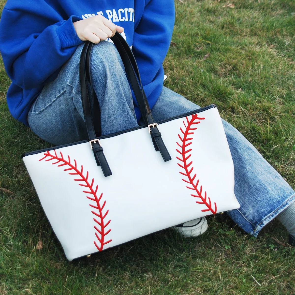 

Baseball tote bag Embroidery White Baseball handbag DOM1001477 Extra Large PU Tote Bag for sport bag