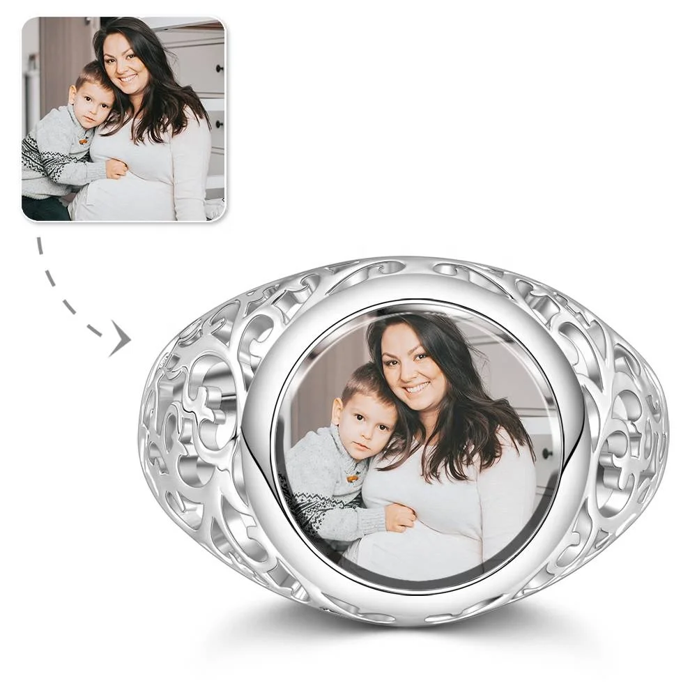 

Mother's Gift Round Shaped Silver Custom Copper Photo Ring Womens Rings