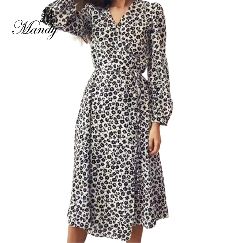 

new arrival women dress 2021 autumn floral V-neck straight or ladies