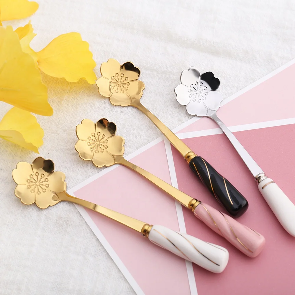 

Factory Wholesale Flower Gold Stainless Steel Honey Coffee Tea Spoon with Ceramic Handle, White gold, pink gold, black gold