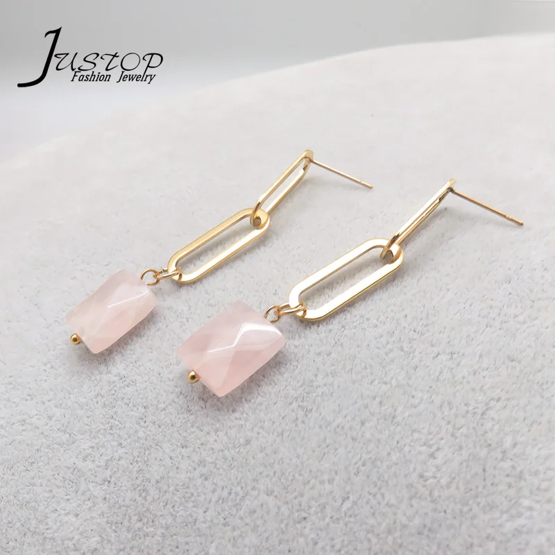 

Stainless Steel Link Chain Dangle Rectangle Pendant Earrings Rose Quartz Jewelry