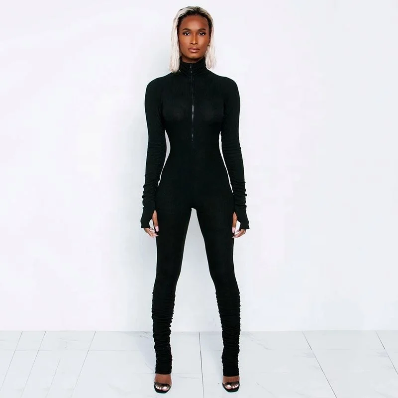 

LE1001 Ladies Autumn Jumpsuits Solid Color Tie Dye Stand Up Collar Slim Zipper Tight Long Sleeved Casual Women Jumpsuit