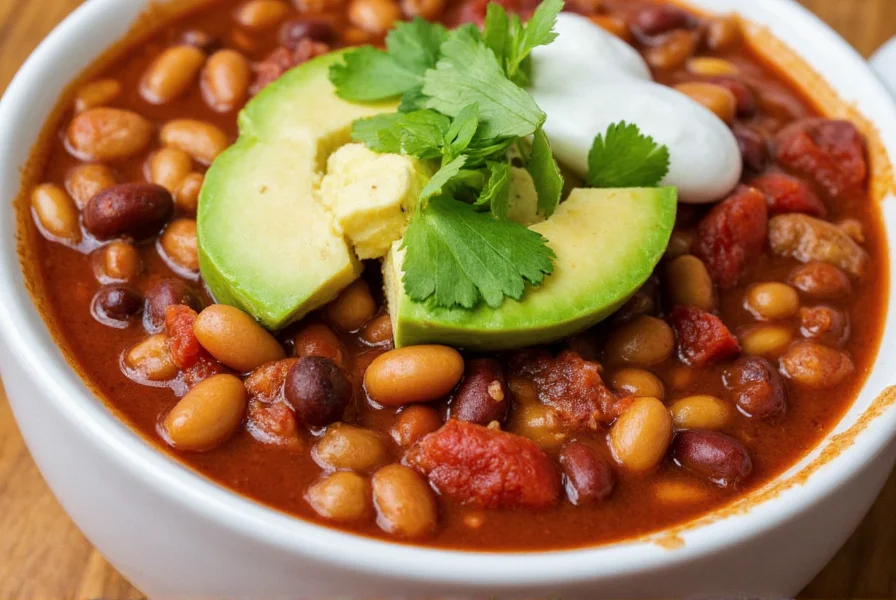 Bowl of steaming bean chili served with toppings including avocado, sour cream, and cilantro