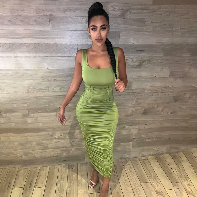 

2020 new fashion women ladies pleated tank top ankle length casual dress