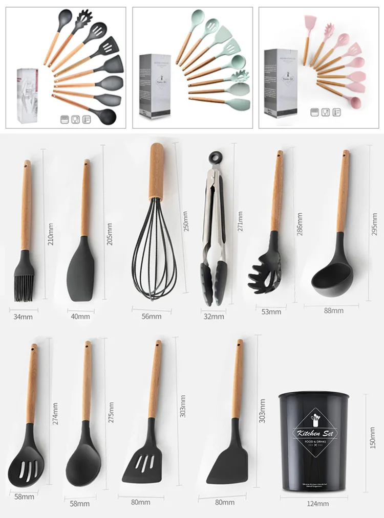 silicone and wood utensil set