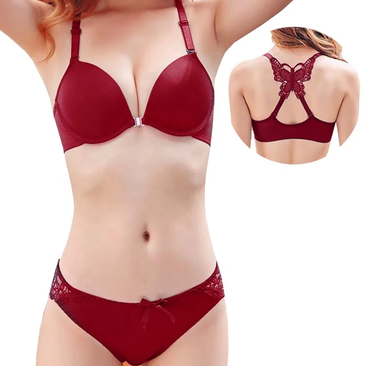 

1941 Best Selling Women Lace Push Up Front Closure Sexy Butterfly Bra Panty Sets, 5 colors: black, red, nude, blue, purple