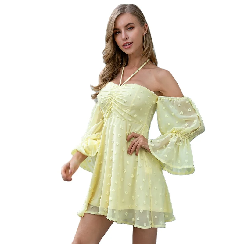 

Weixin Dropshipping Women Clothing Halter Jacquard Ruched Detail Casual Chiffon Dress