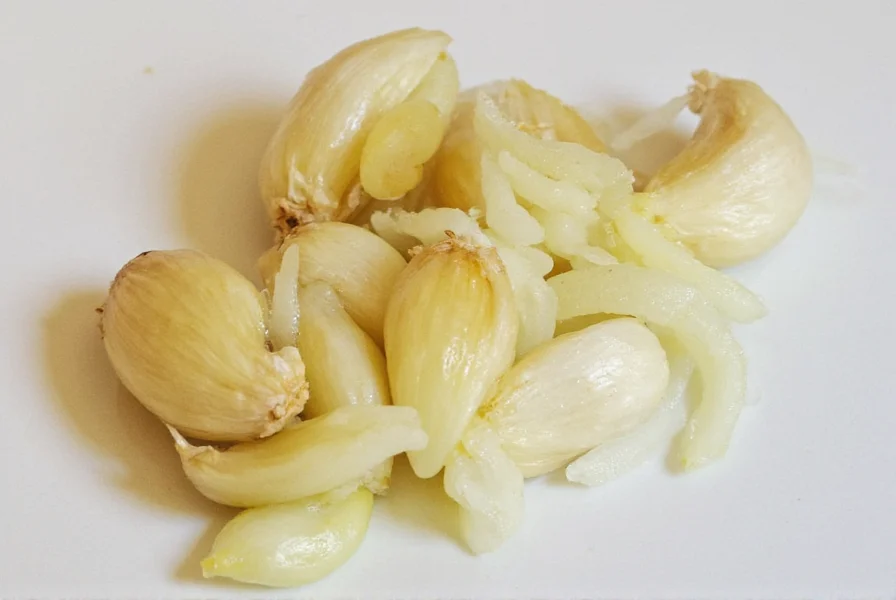 Close-up of one garlic clove next to 1/2 teaspoon minced garlic in measuring spoon