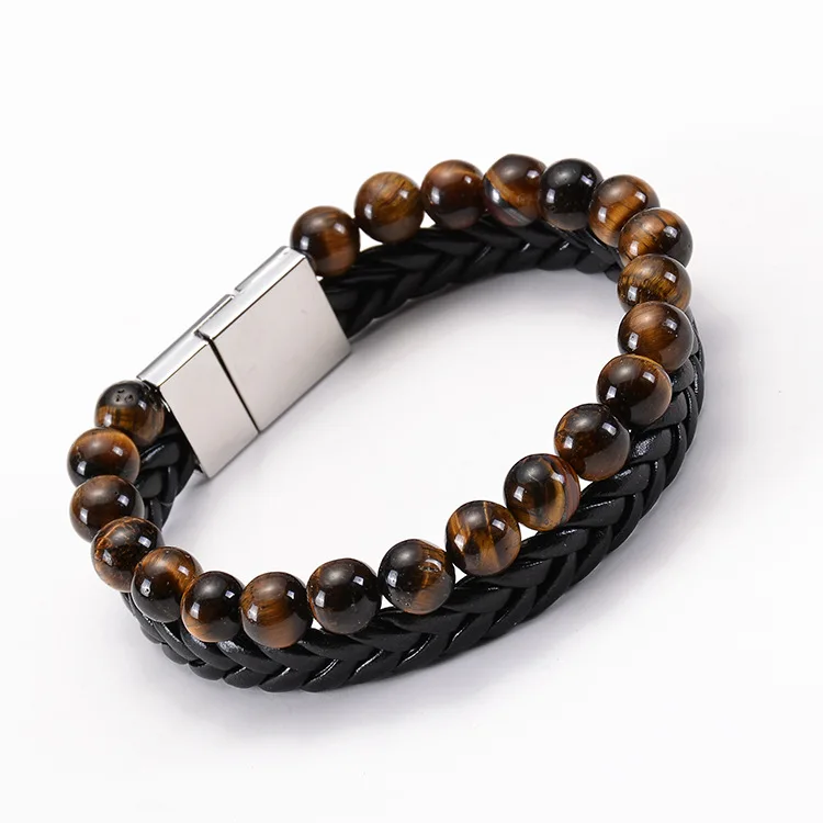 

Simple Handmade Braiding Stacking Natural Stone Genuine Leather Bracelet Magnetic Clasp Tiger Eye Beaded Bracelet For Men