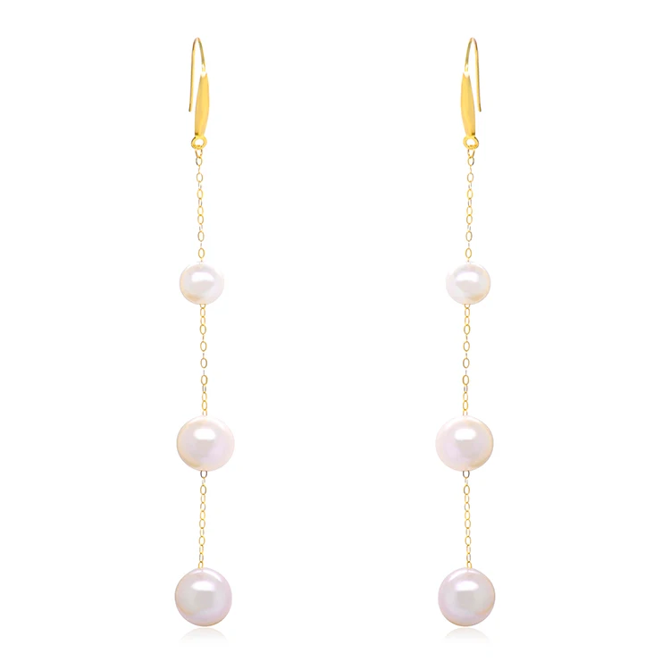 

Retro Long dangle 18k real gold pearl earrings simple freshwater pearls drop earrings for elegant lady