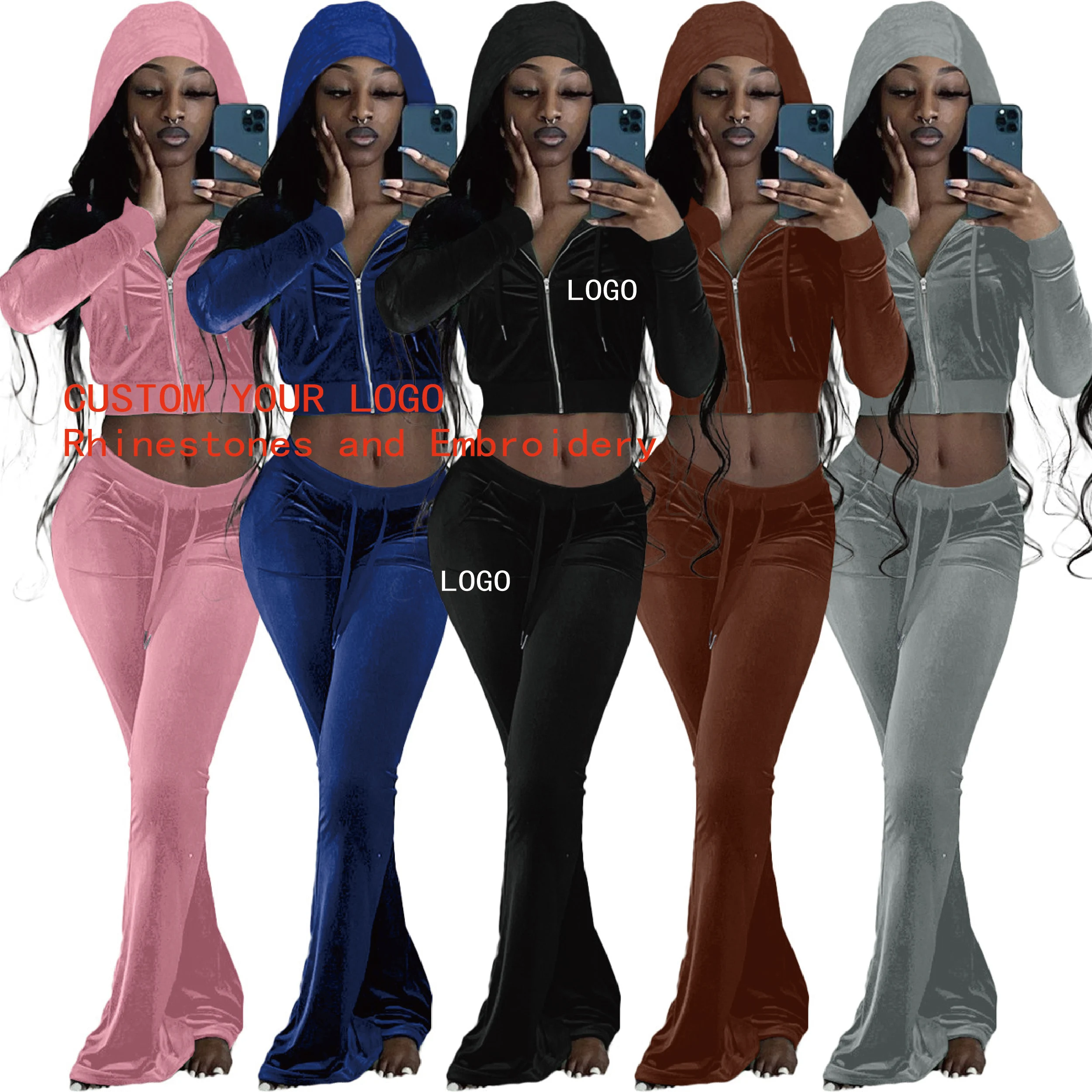 

Custom Rhinestone and Embroidery Velour Tracksuit Women's 2-pieces Set Sweat Suits Velvet Tracksuit for Women Plain Dyed Knitted