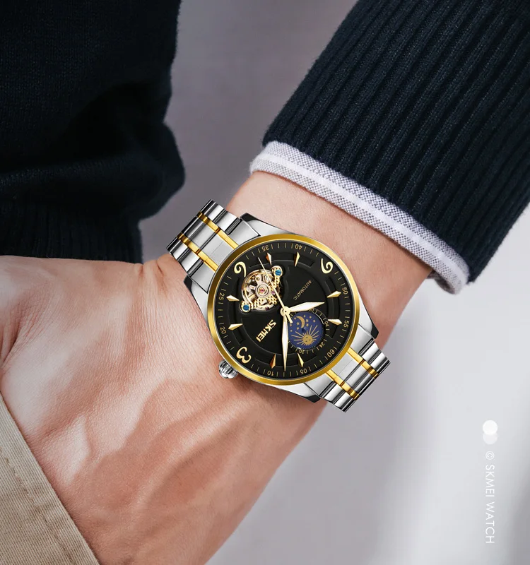

SKMEI 9239 Men Watches Mechanical Automatic Wrist Watch Case Moon Luxury Fashion Butterfly Waterproof Business Jam Tangan, 6 colors