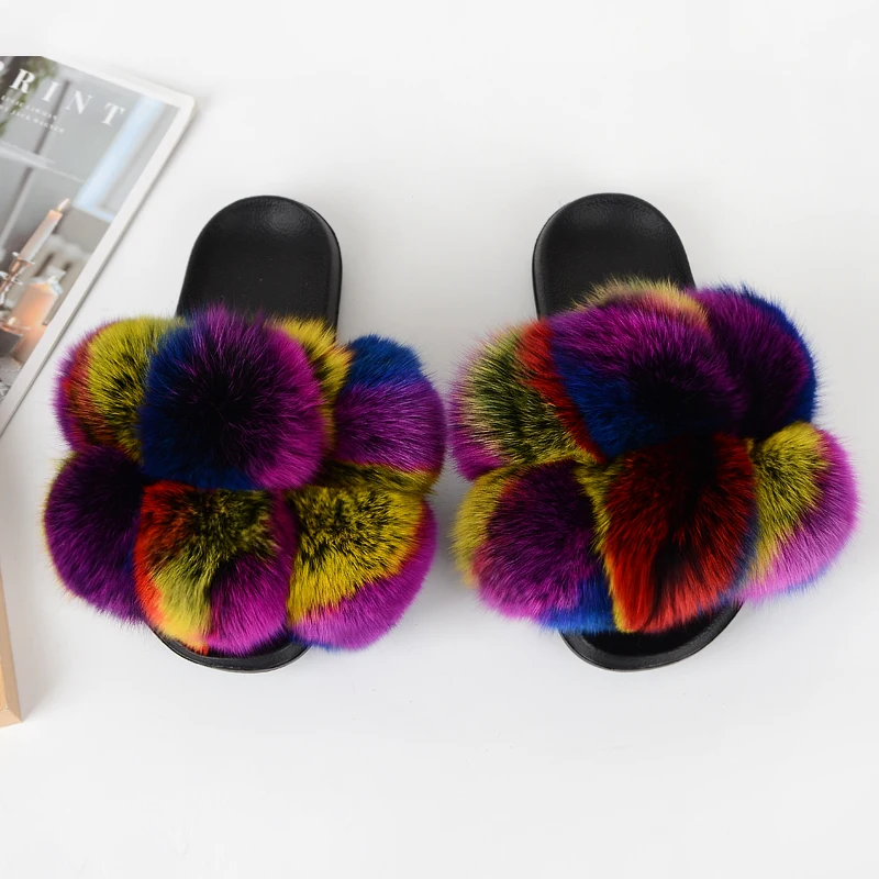 

Perfect Wholesale Fashionable Sandals Fur Slides Custom Logo Fox Fur Furry Slippers for women