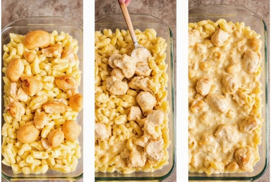 Step-by-step preparation of honey pepper chicken mac and cheese showing creamy cheese sauce coating pasta with golden chicken pieces