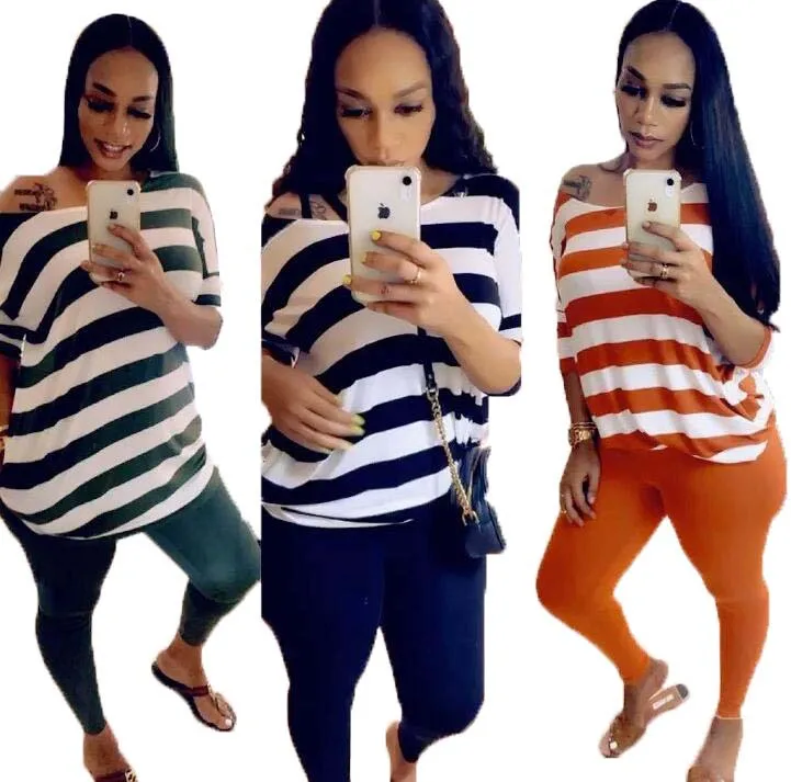 

European and American Sexy Womens Loose Printed Striped T-shirt Two Piece Set