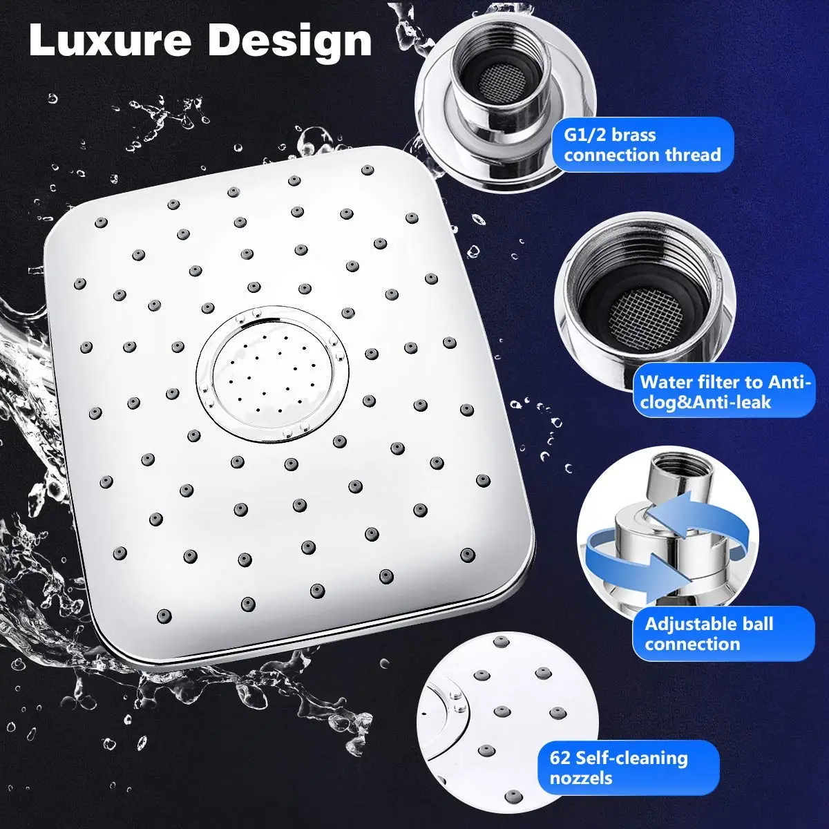 Adjustable High Pressure Rainfall Showerhead Combo with Strong Suction Cup Holder