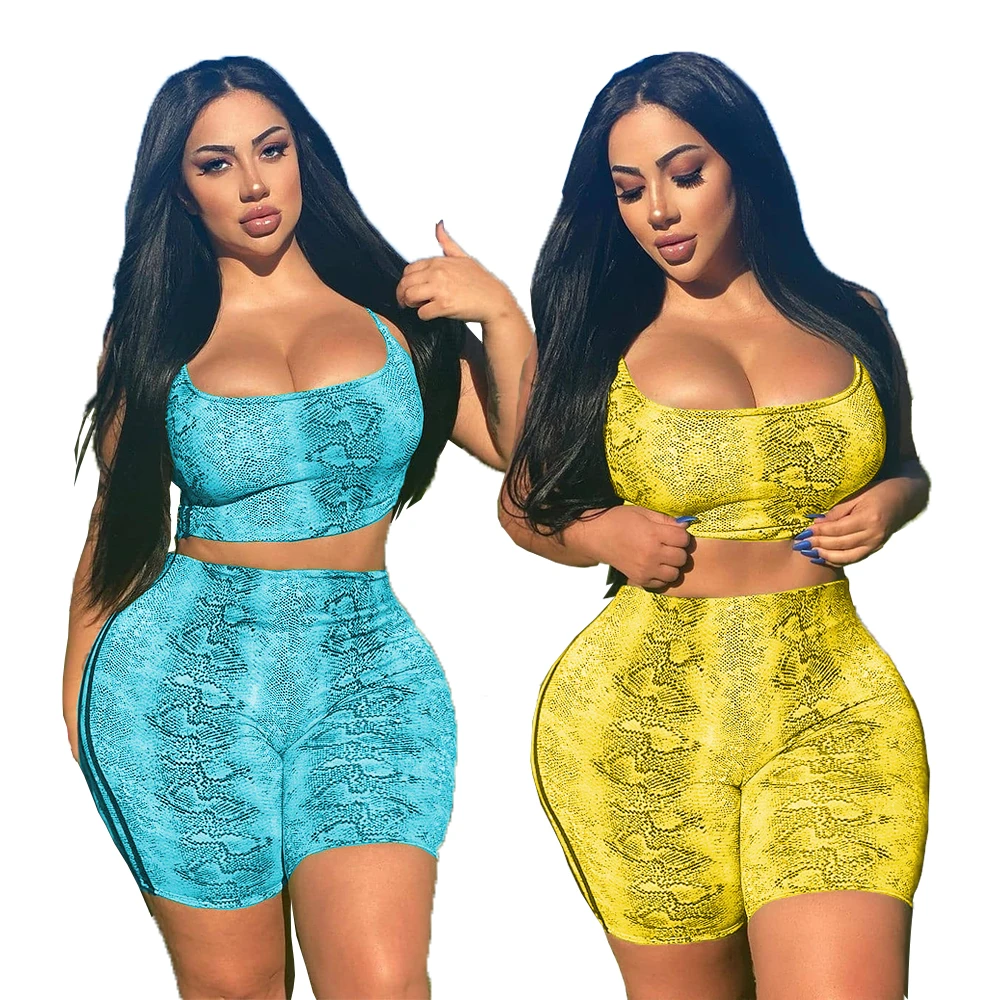 

2021 Summer Solid Color Floral Print Skinny Sexy Suspenders T-shirt Top Shorts Suits Women Stretch Casual Yoga Suit 2pc Set