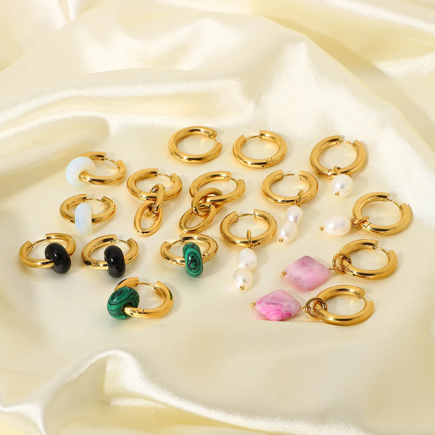 

18k Gold Plated Stainless Steel Freshwater Pearl Opal Red Agate CARNELIAN CRYSTAL Charm Hoop Huggie Earrings