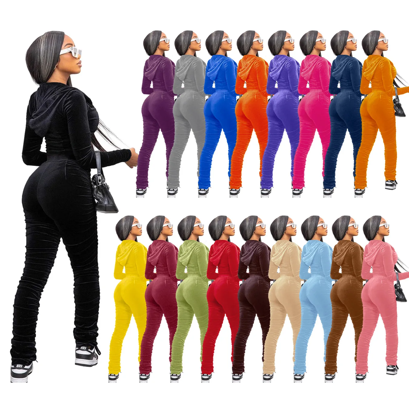 

Hot Sale velvet 2pc set zipper hoodies sets for women stacked girls leggings pants velour two piece pants set