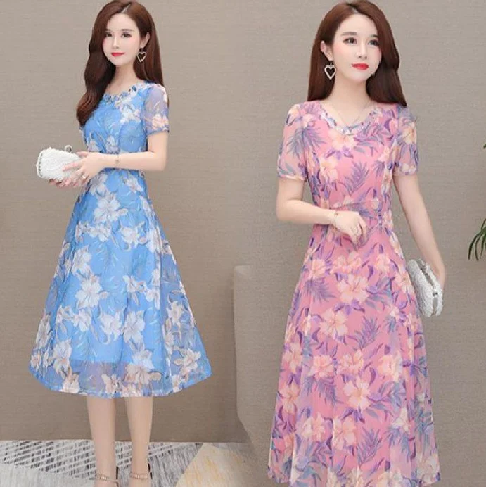 

2021 Korean ladies short sleeve dresses woman casual fashion long floral dress
