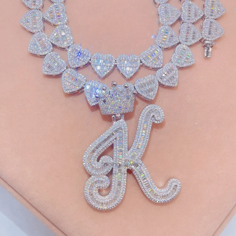 

custom made crown bail iced out hip hop baguette moissanite letter pendant