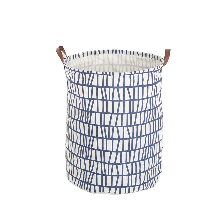 

New washing Laundry Basket with Leather Handle, Waterproof Round Cotton Linen Collapsible laundry Basket