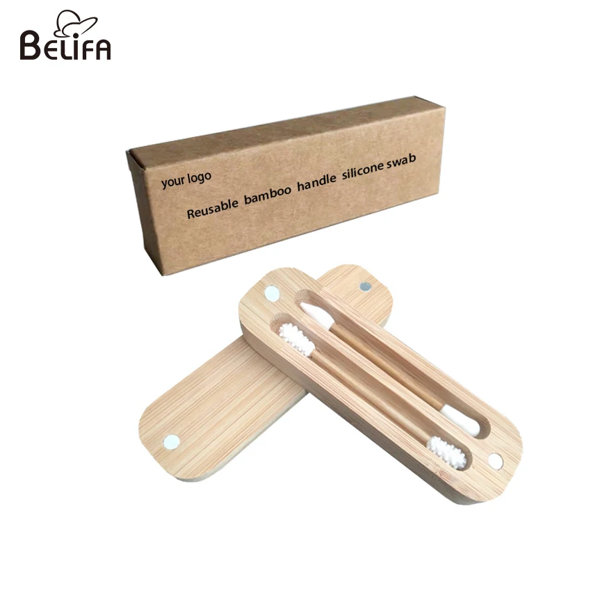 

Private label eco-friendly bamboo stick q-tips ear cleaning bud box for washable reusable silicone ear cleaner cotton swab