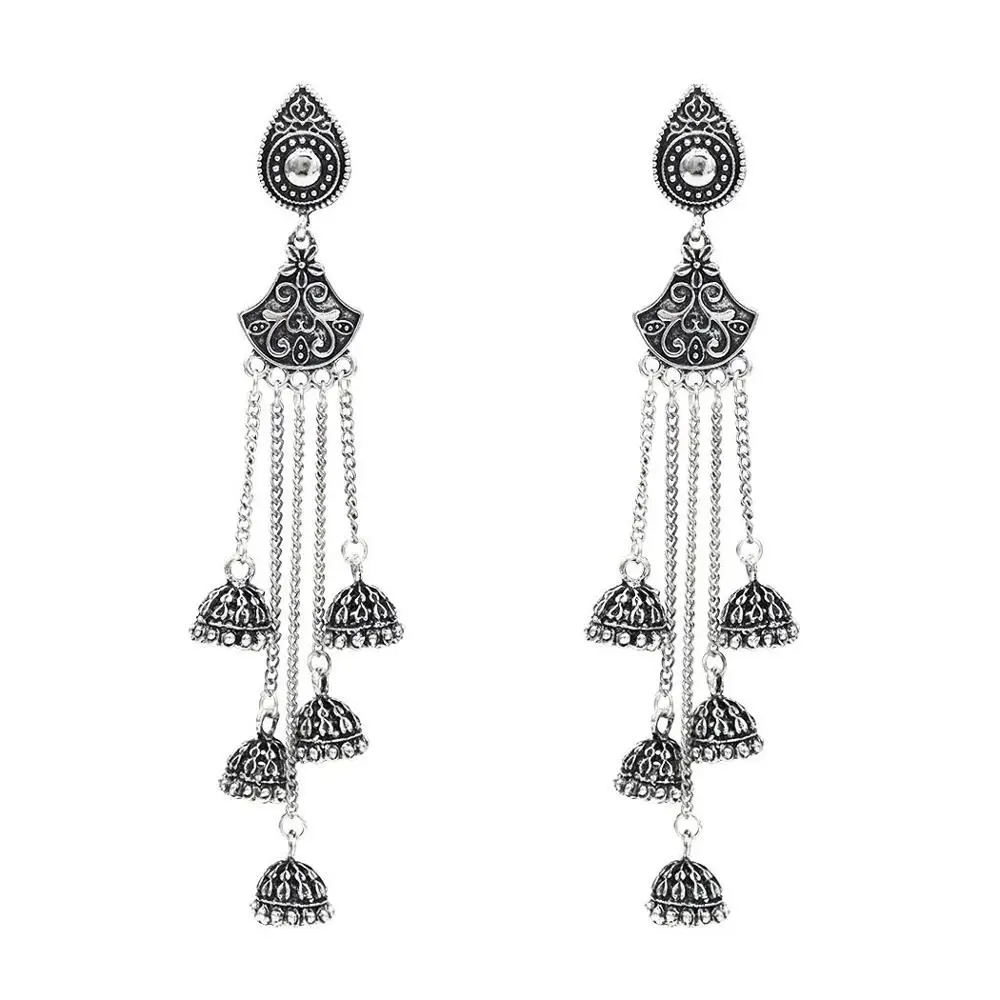 

Boho Style Women Indian Jhumka Earrings Gold Sliver Metal flower Big Bells Dangle Long Tassel Earring Ladies Gypsy Jewelry, Silver,gold