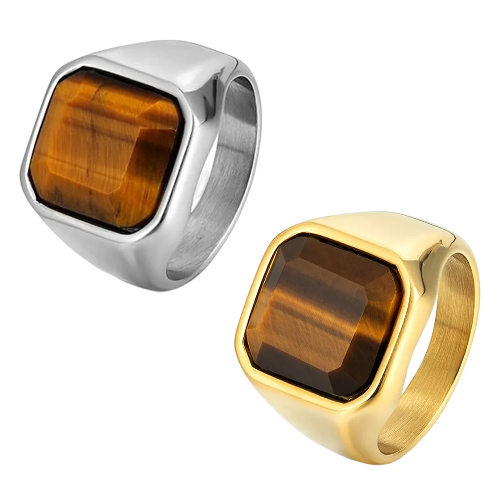 

Vintage Tiger Eye Gemstone Rings Natural Stone Stainless Steel Ring For Men