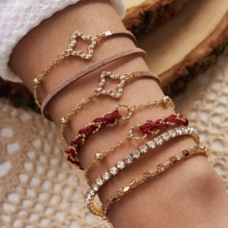 

Weihao wholesale personalized fashion full of diamonds multi-element beach chain bracelet leather bracelet, As picture show