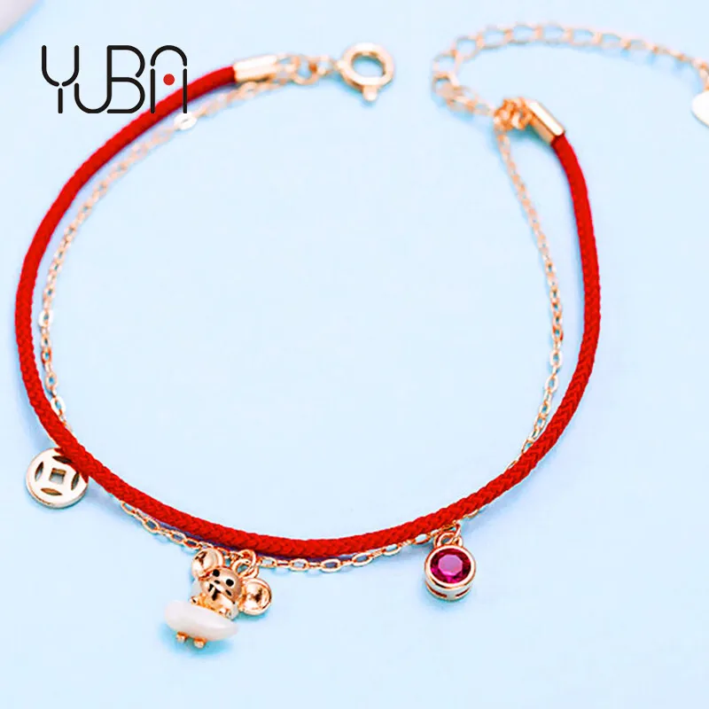 

Best Gift Red Rope Round Pink Diamond Crystal Mouse Charm Bracelet Zodiac Gold Tone Mouse Rice Seed Bracelets