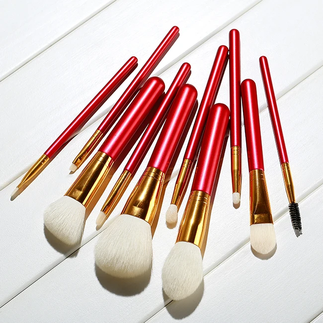 

10 pcs new design professional custom logo red makeup brushes set cosmetics beauty tools brushes kit stand-up pouch HXT-008