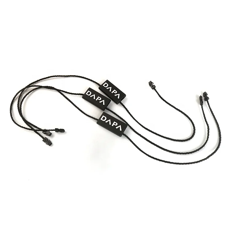 

Garment Accessories Maker Custom Embossing Brand ABS Plastic Black Hang Tag Lock Strings for Dresses, Match pantone color code